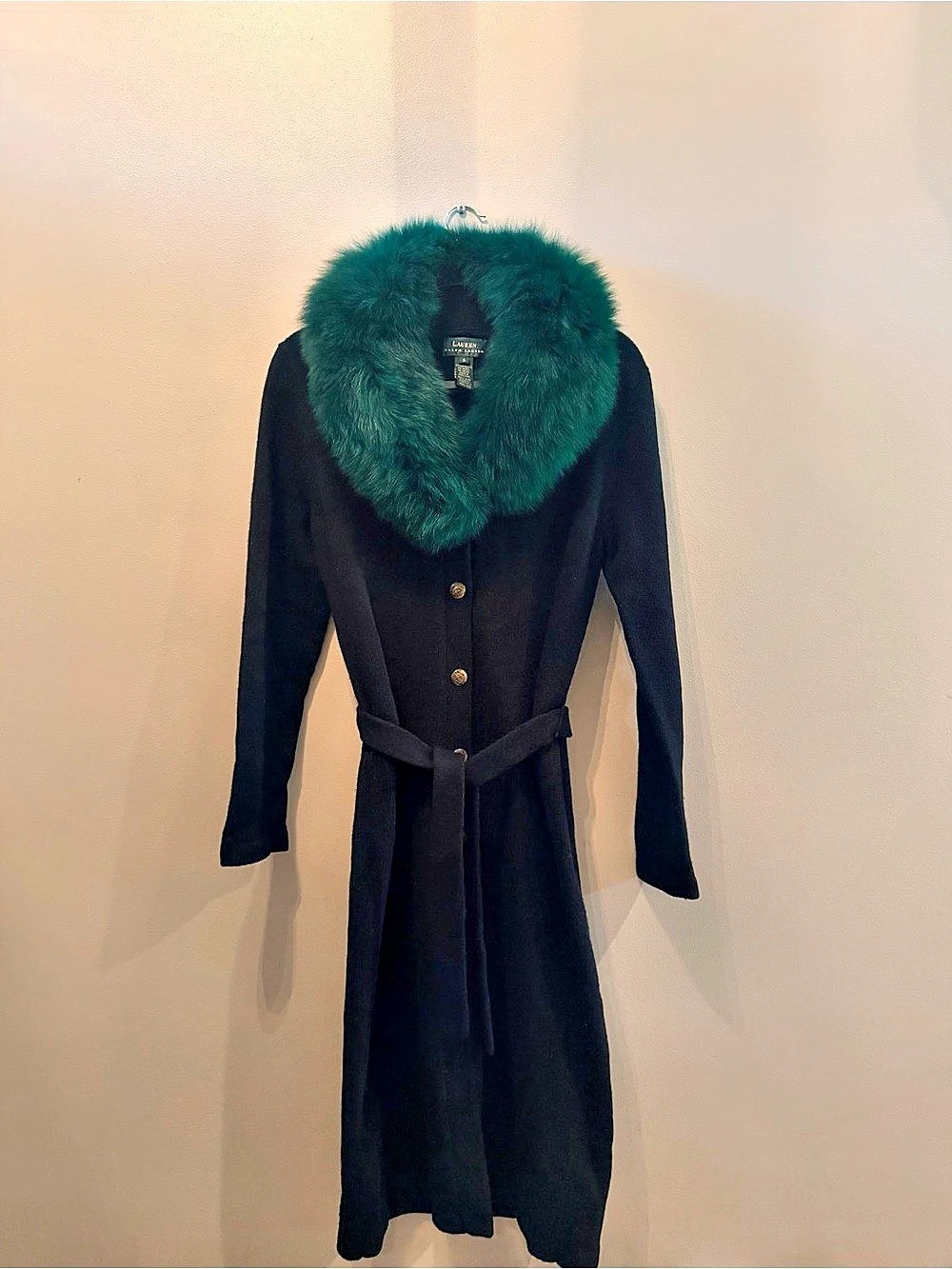 VTG Lauren Ralph Lauren 100% Wool Wrap Coat w/ Green Faux Fur Collar small
